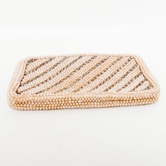 Vintage Hand Beaded Pearl Clutch Champagne Pearls Satin lining Coin Purse 7" - Picture 5 of 6